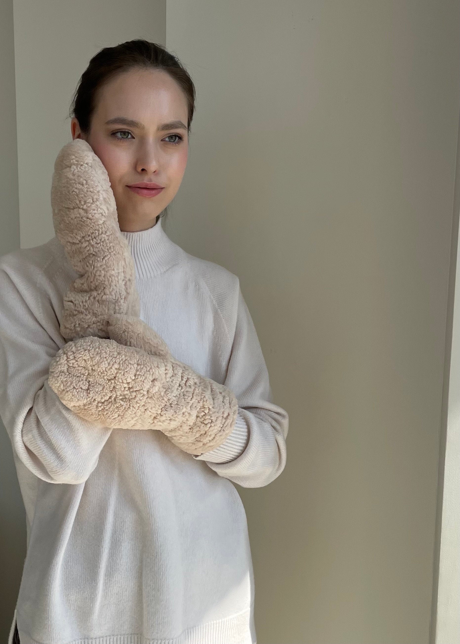 Genuine Shearling Mittens — Cream Beige