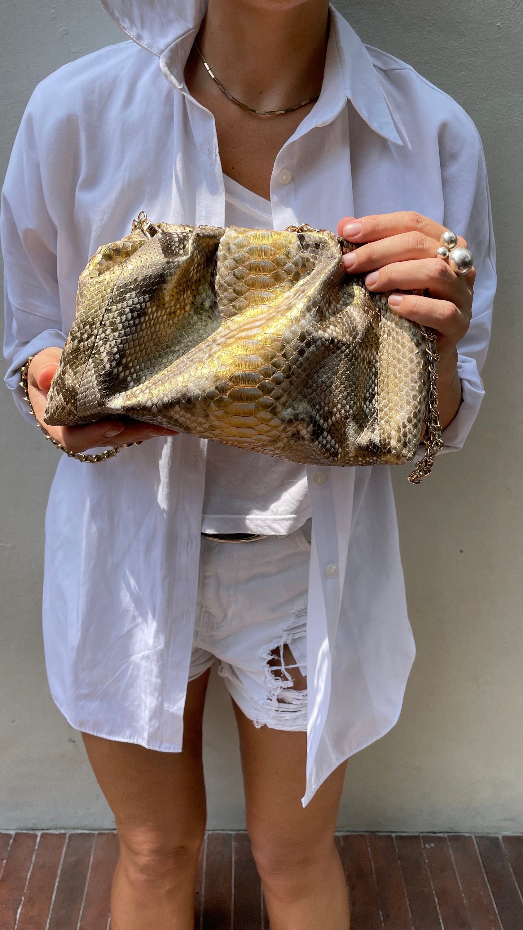Genuine Python Skin Pouch Bag — Gold