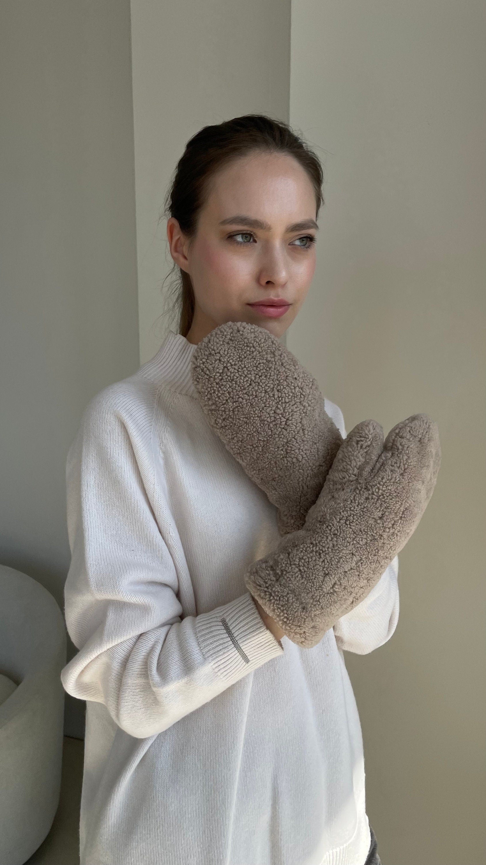 Genuine Shearling Mittens — Dark Beige