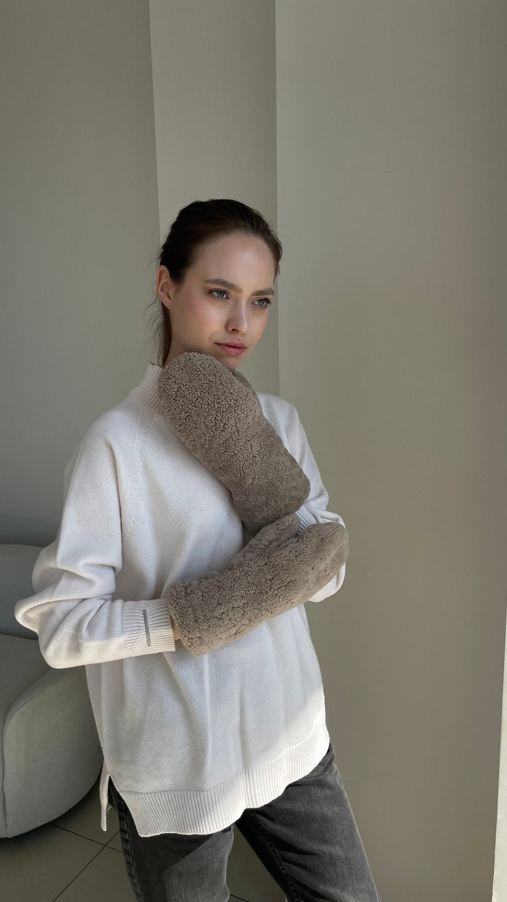 Genuine Shearling Mittens — Dark Beige
