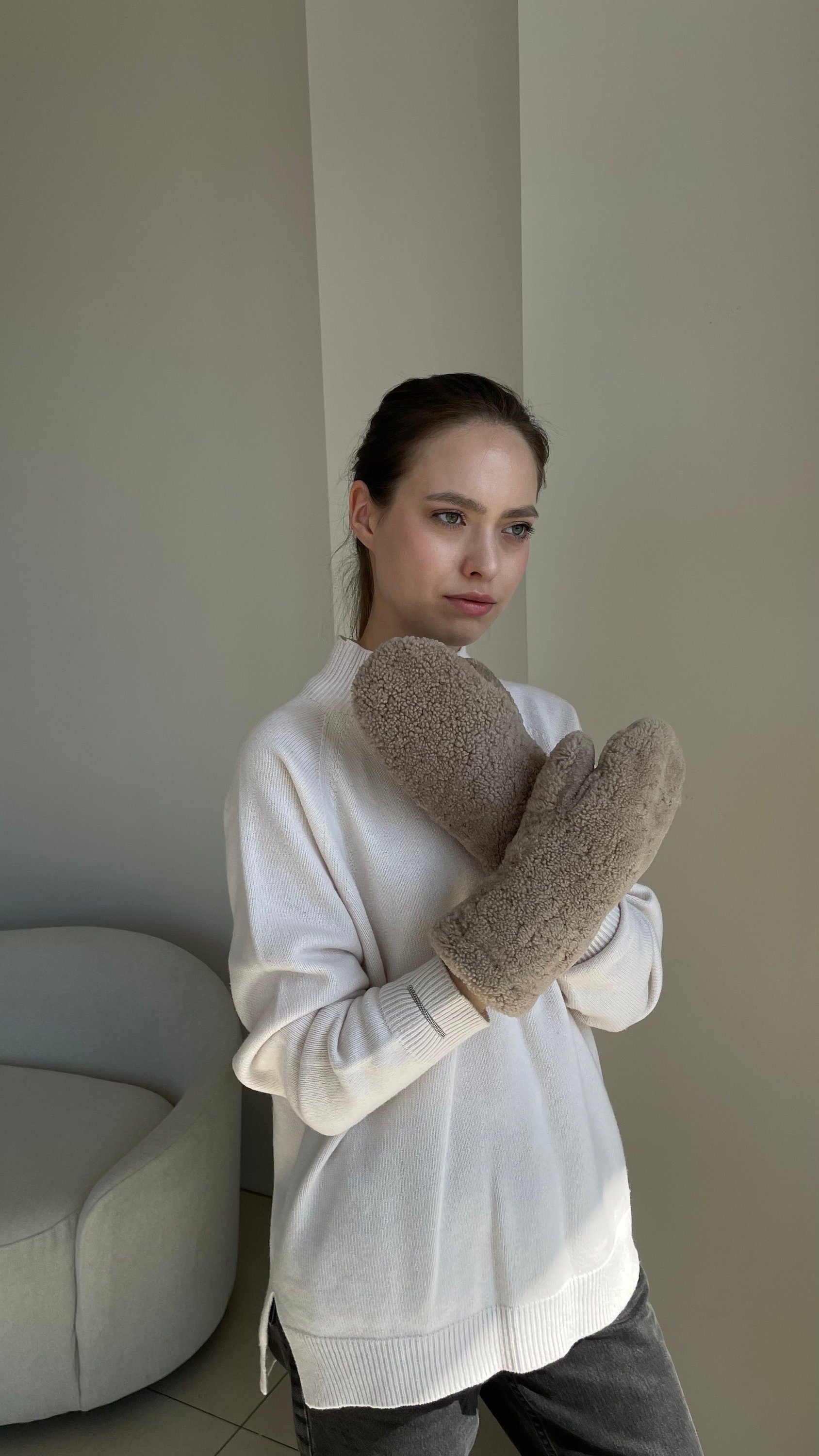 Genuine Shearling Mittens — Dark Beige