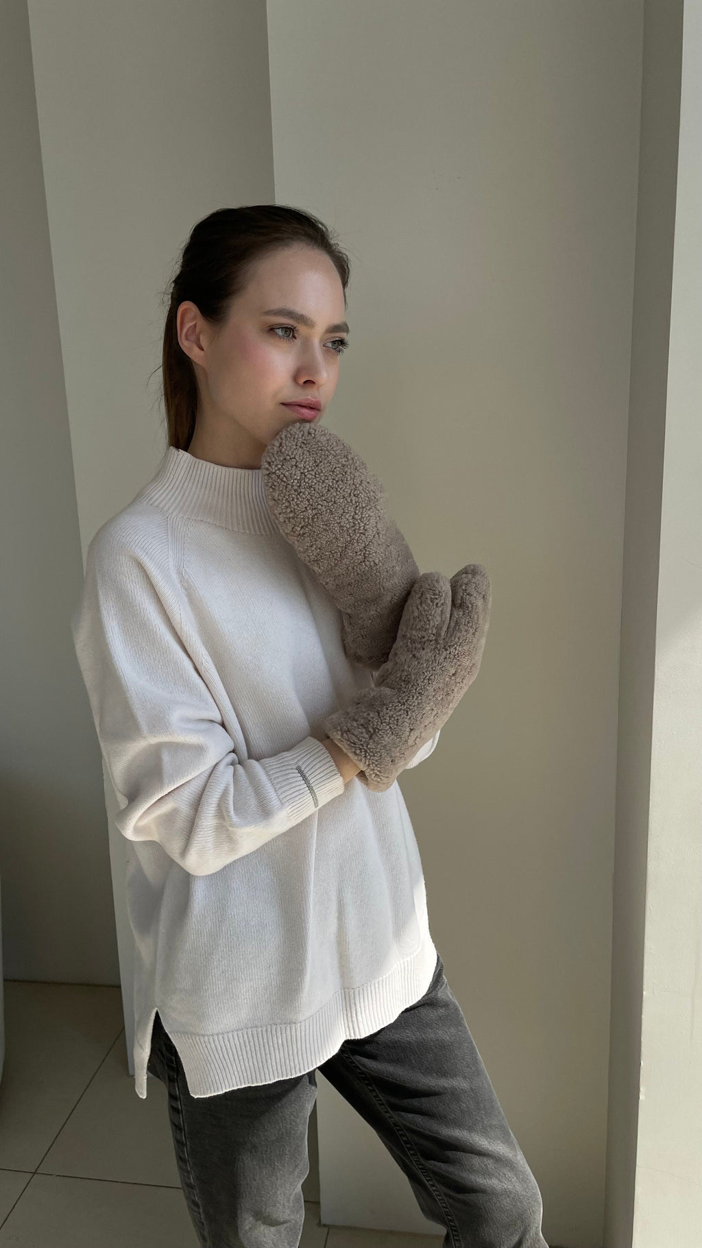 Genuine Shearling Mittens — Dark Beige