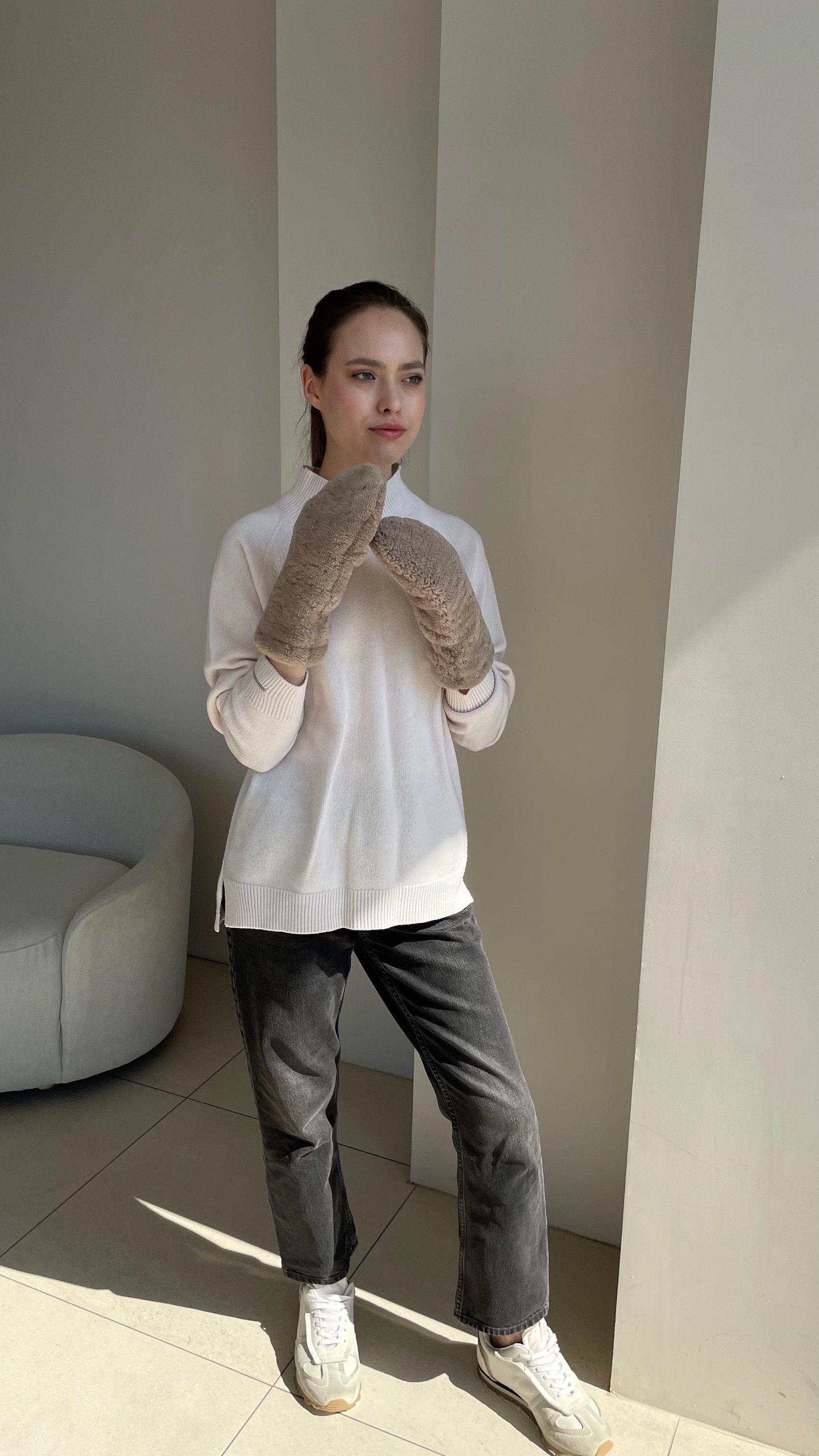 Genuine Shearling Mittens — Dark Beige