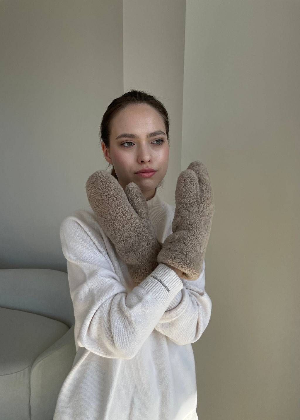 Genuine Shearling Mittens — Dark Beige
