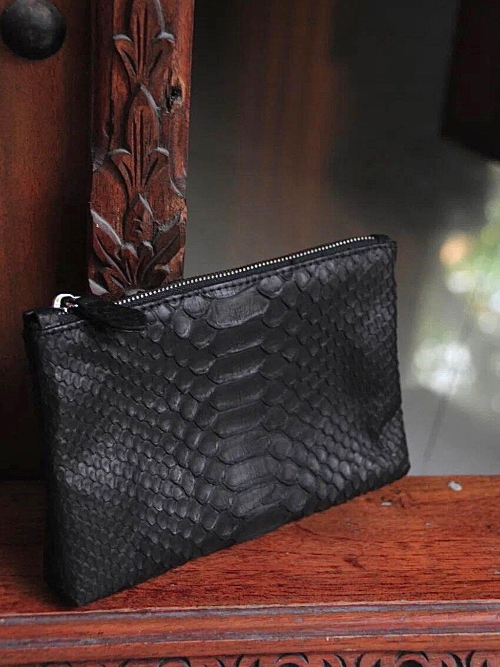 Genuine Python Skin Cosmetic Bag — Black