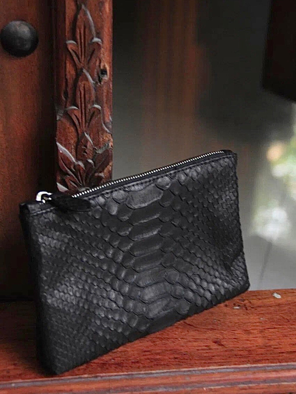 Genuine Python Skin Cosmetic Bag — Black