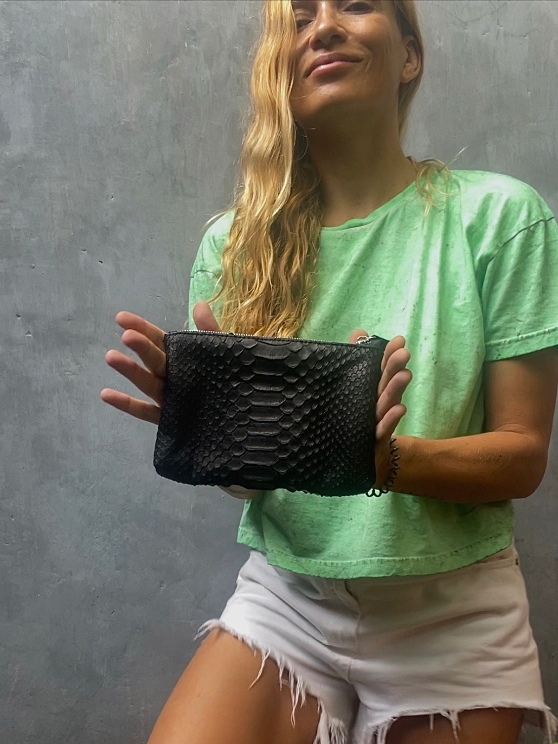 Genuine Python Skin Cosmetic Bag — Black