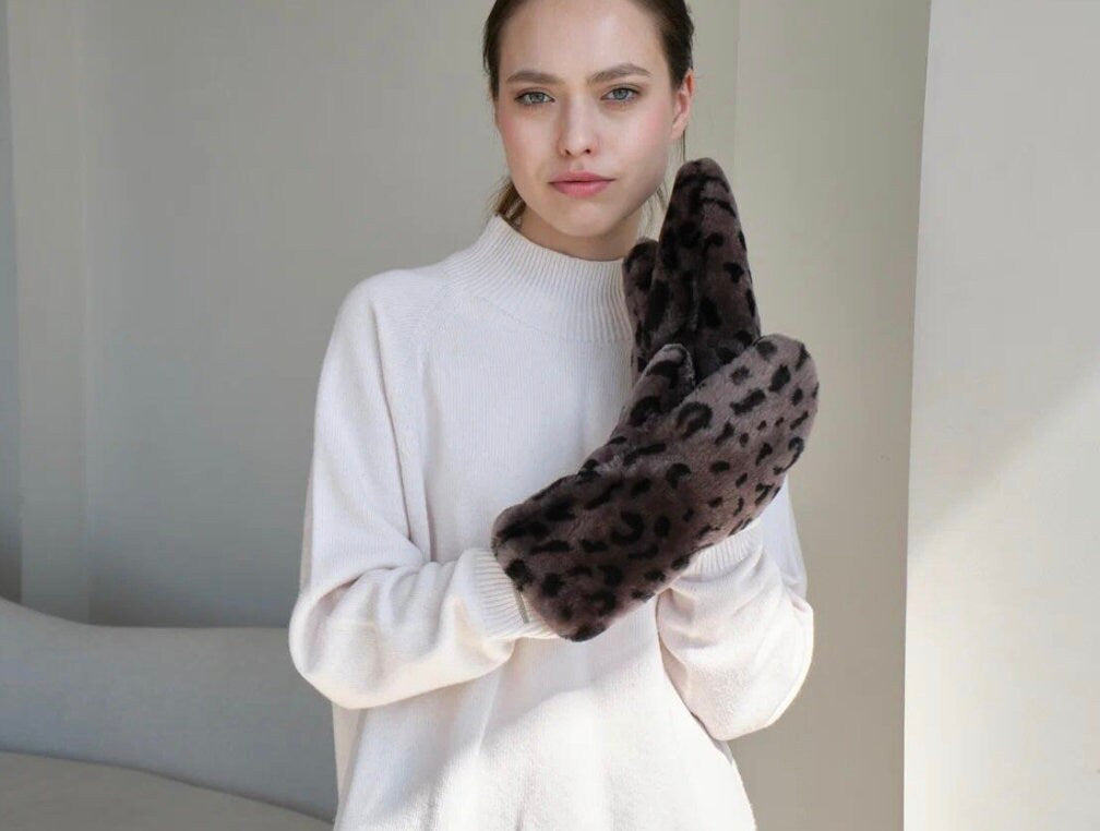 Genuine Shearling Mittens — Leopard Print