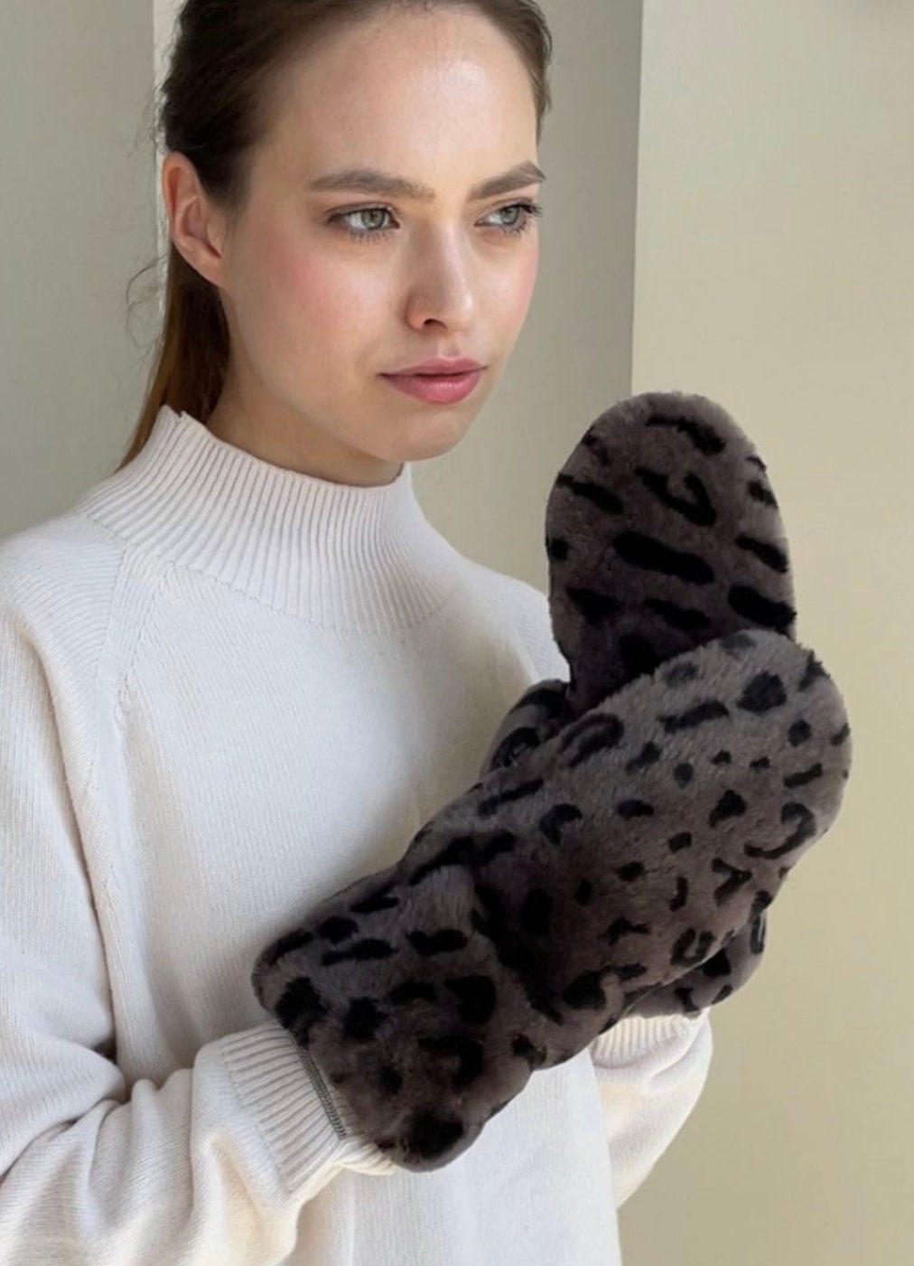 Genuine Shearling Mittens — Leopard Print