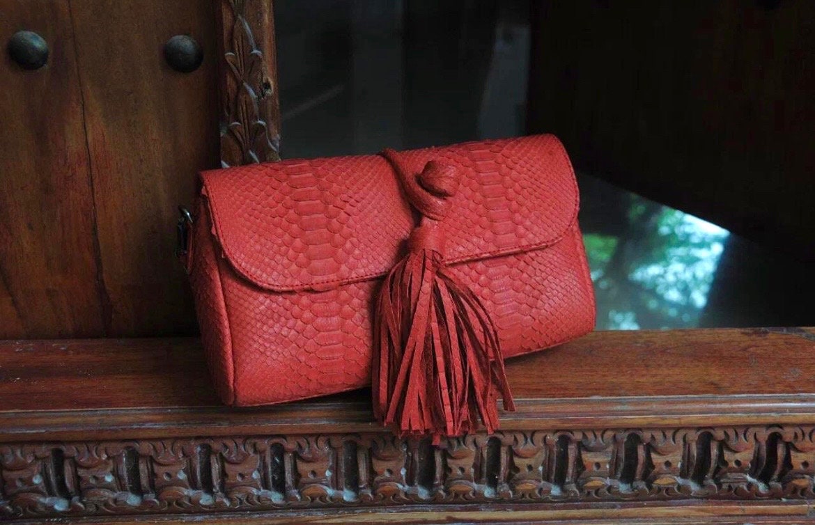 Genuine Python Skin Tassel Clutch — Red