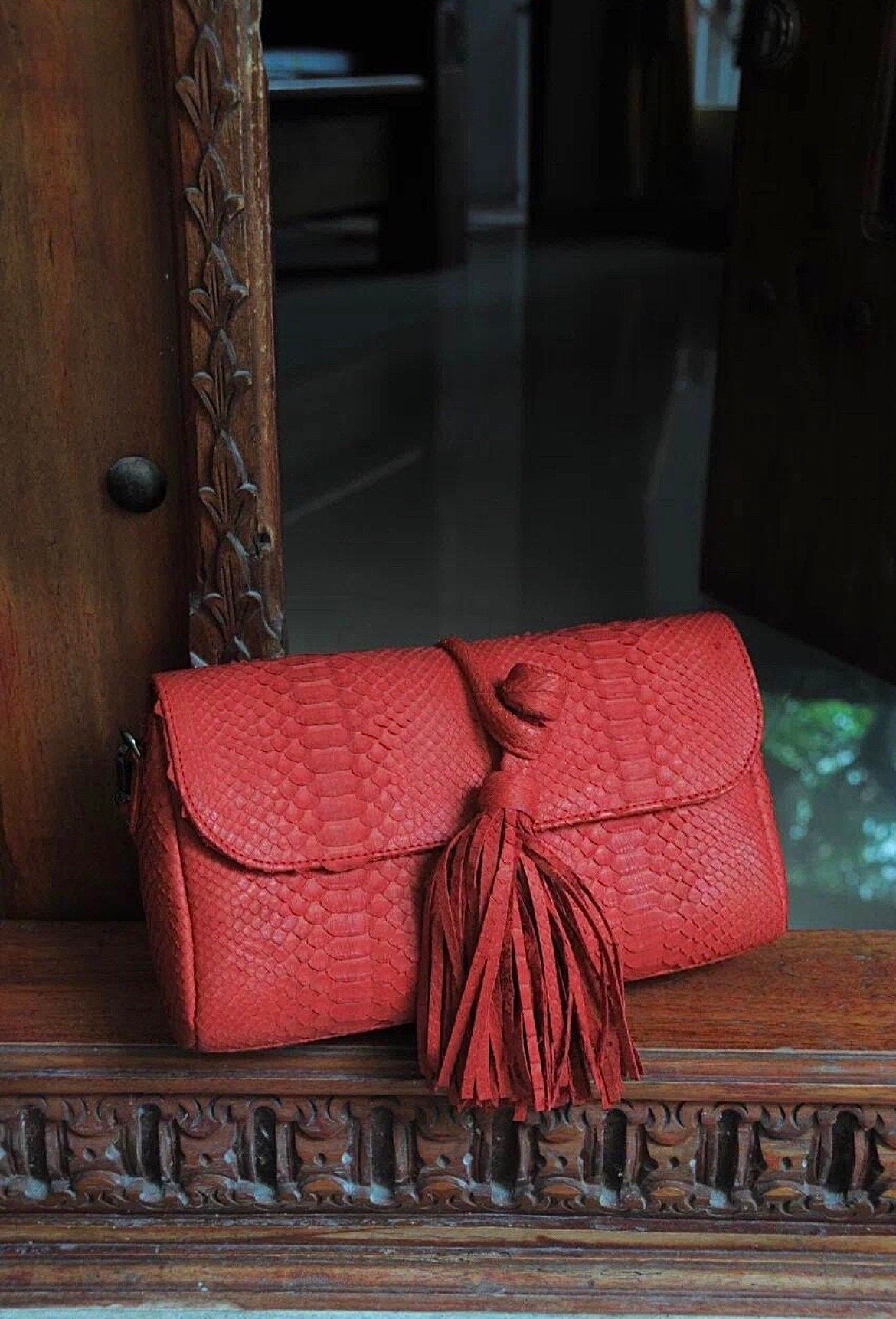 Genuine Python Skin Tassel Clutch — Red