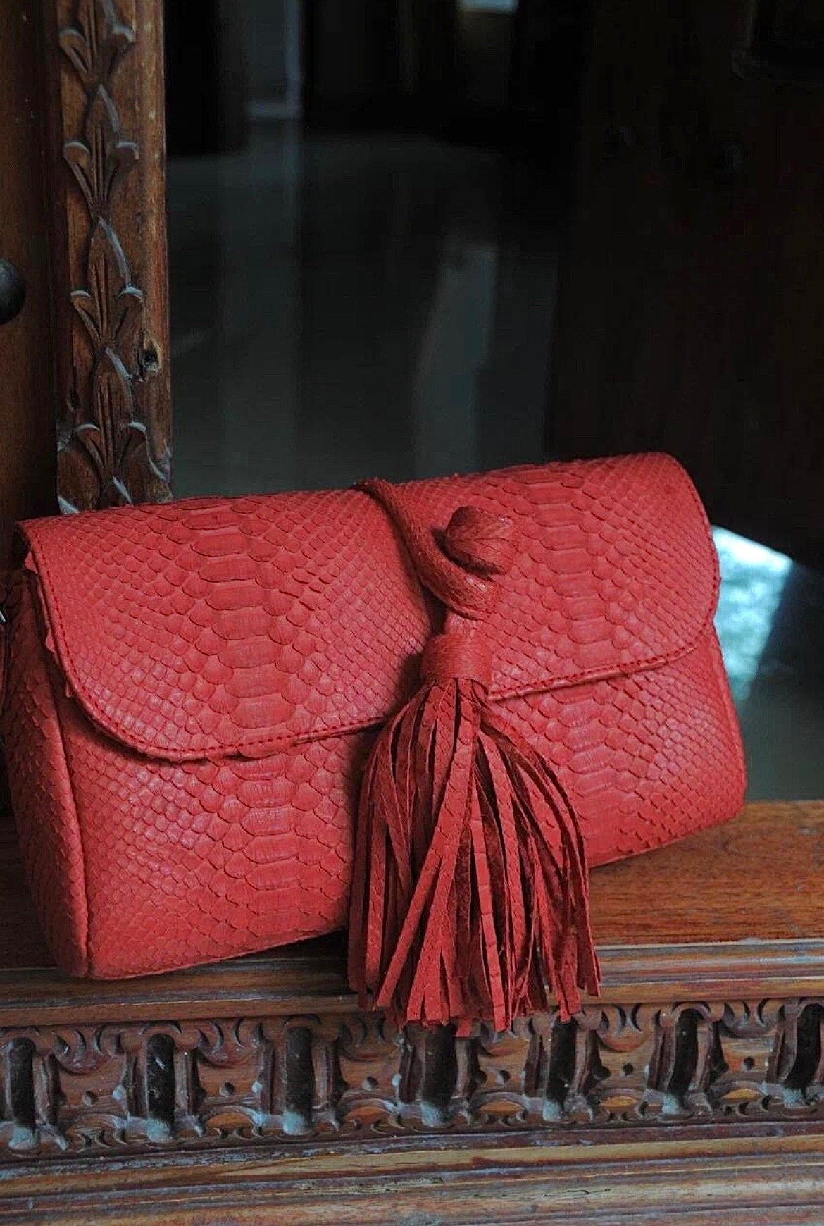 Genuine Python Skin Tassel Clutch — Red
