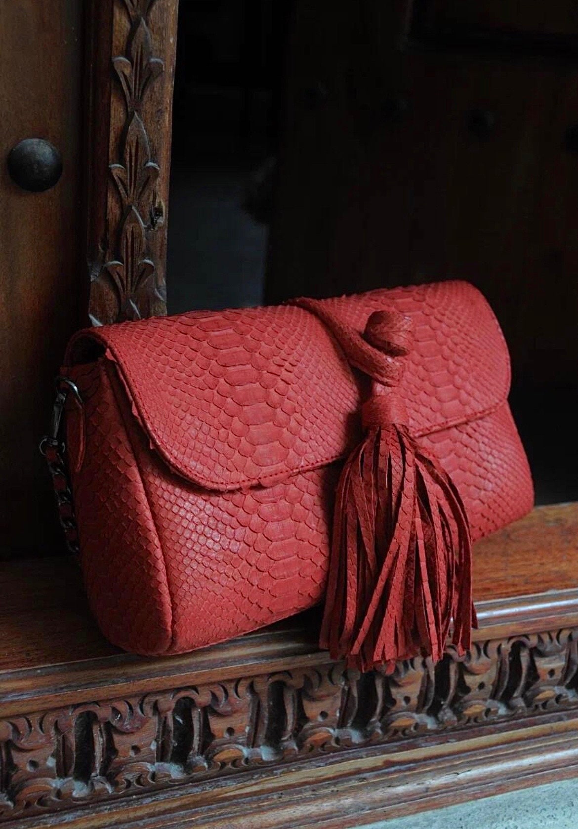 Genuine Python Skin Tassel Clutch — Red