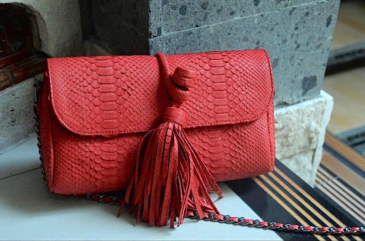 Genuine Python Skin Tassel Clutch — Red