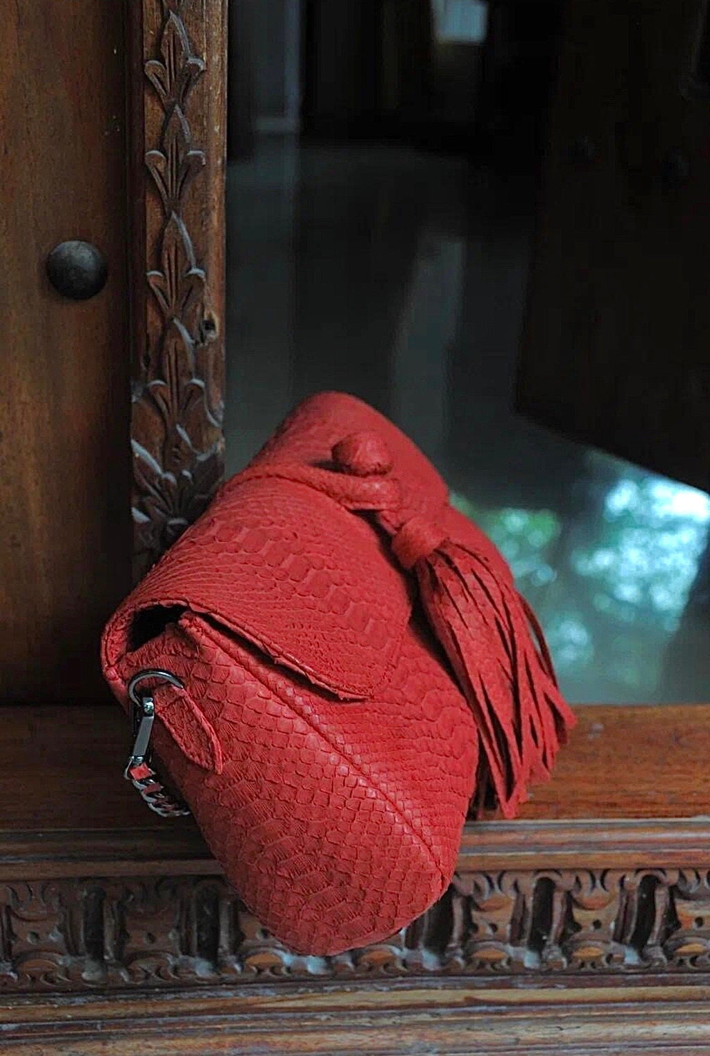 Genuine Python Skin Tassel Clutch — Red