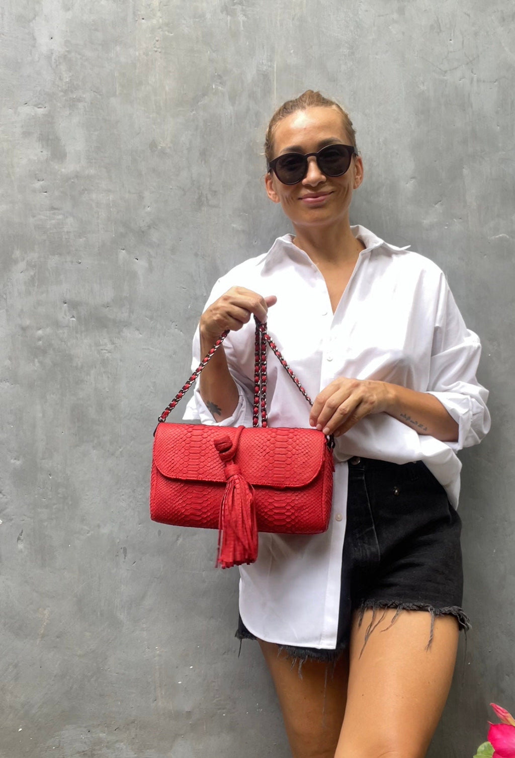 Genuine Python Skin Tassel Clutch — Red