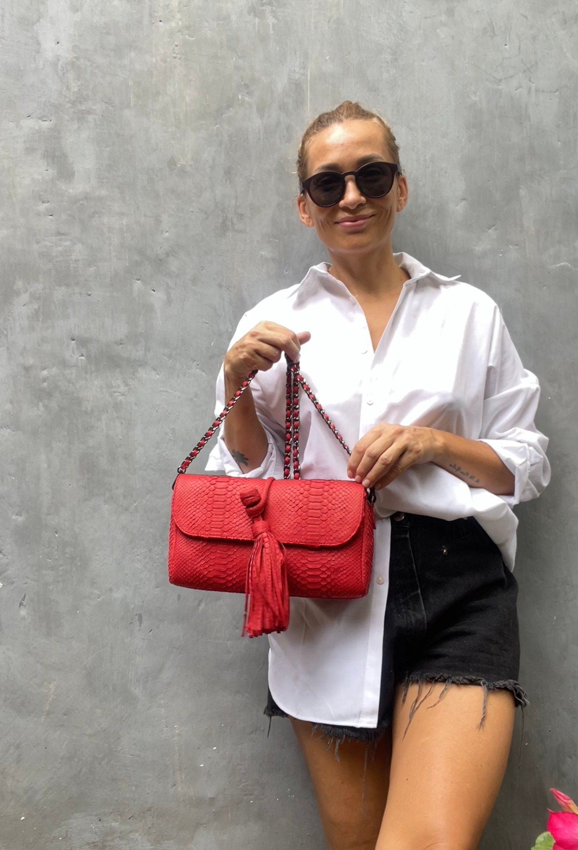 Genuine Python Skin Tassel Clutch — Red