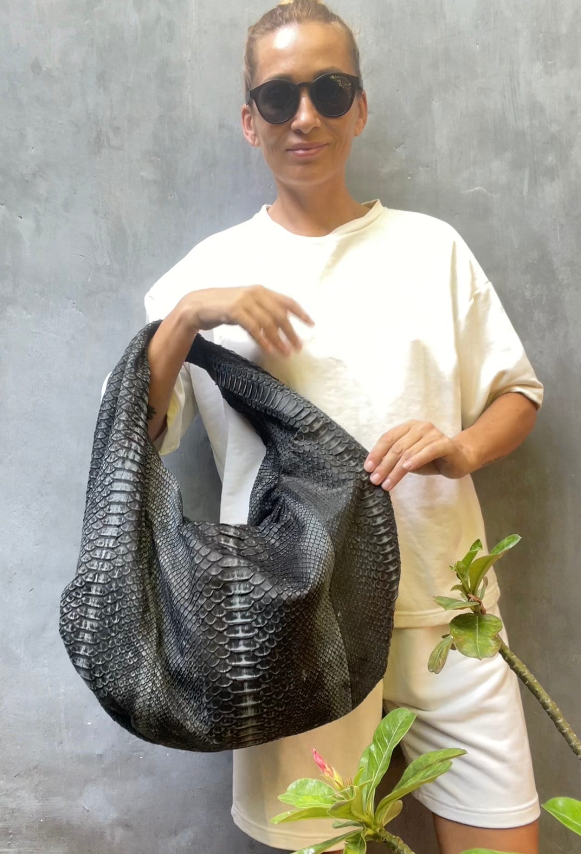 Big Soft Hobo Python Skin Bag — Gray