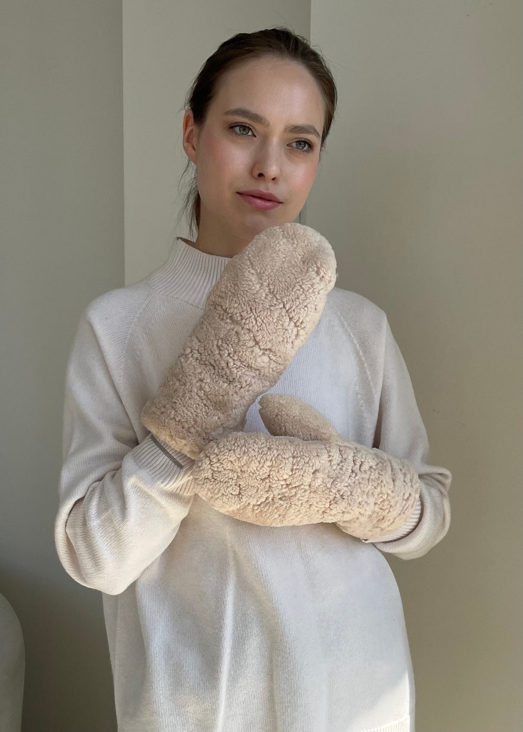Genuine Shearling Mittens — Cream Beige