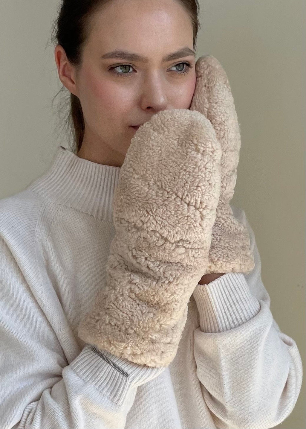 Genuine Shearling Mittens — Cream Beige