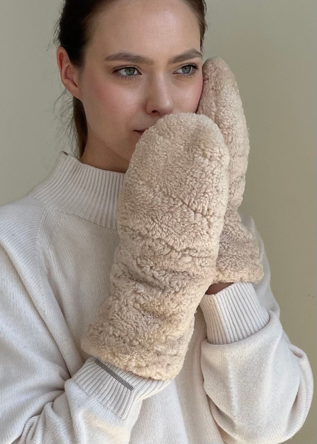 Genuine Shearling Mittens — Cream Beige