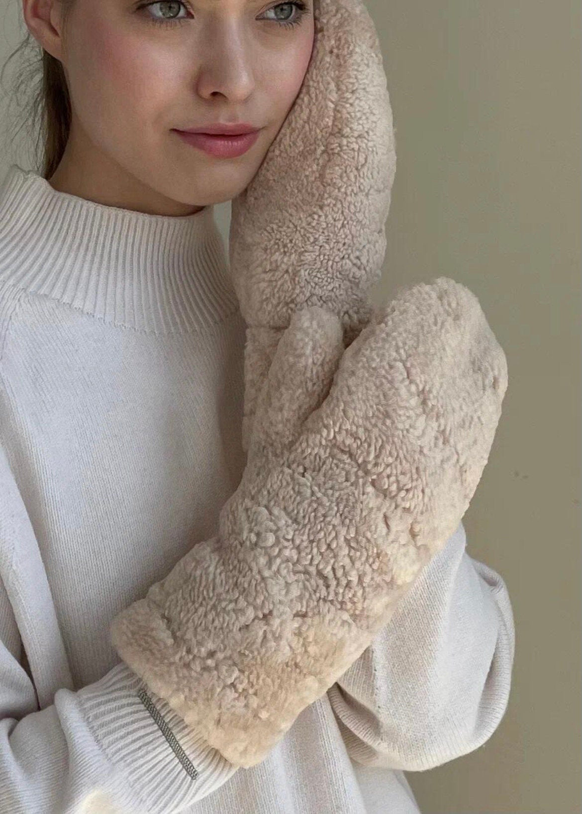 Genuine Shearling Mittens — Cream Beige