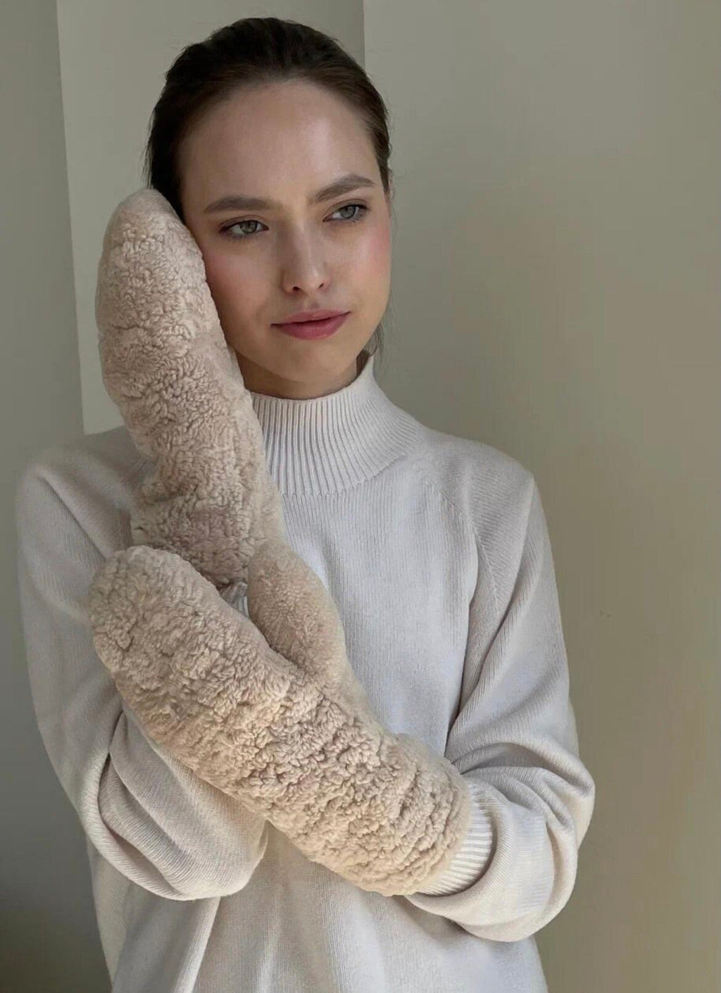 Genuine Shearling Mittens — Cream Beige