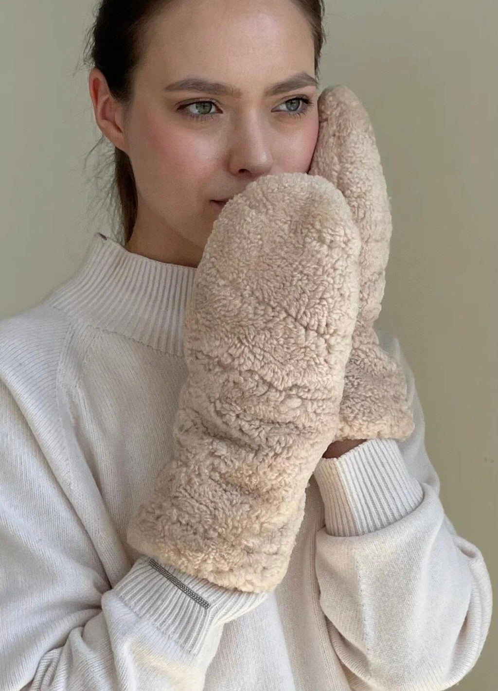 Genuine Shearling Mittens — Cream Beige