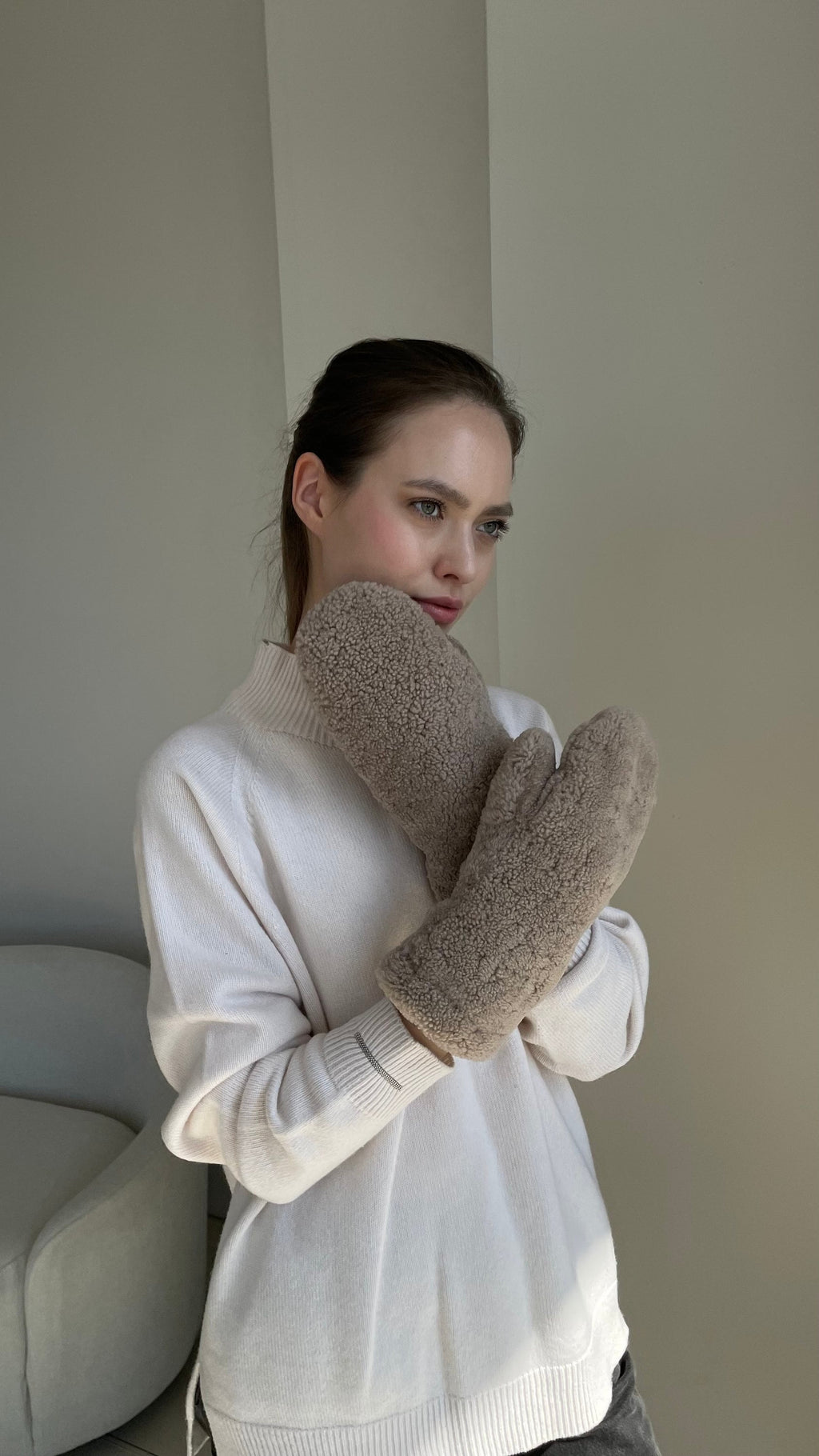 Genuine Shearling Mittens — Dark Beige