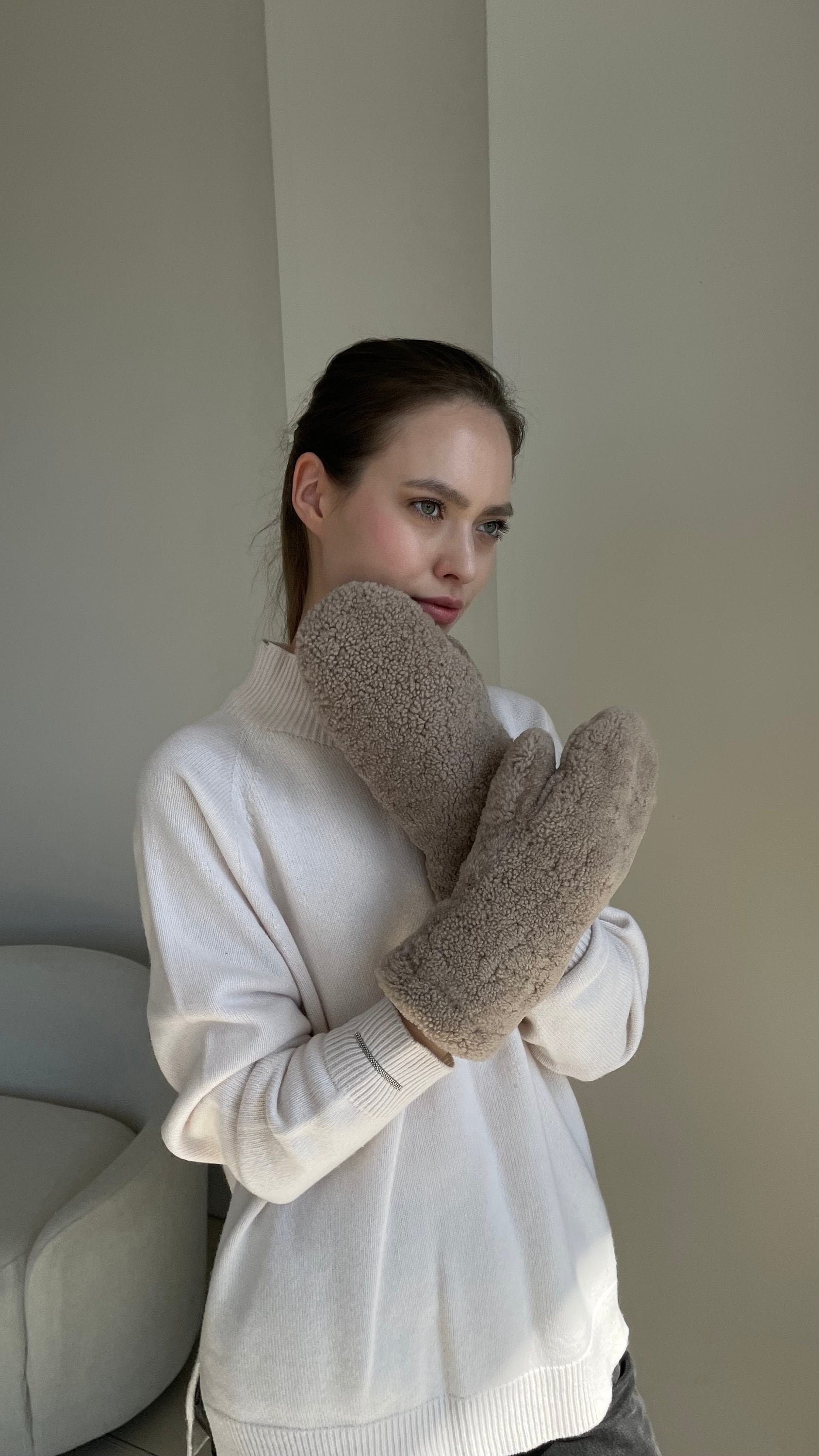 Genuine Shearling Mittens — Dark Beige