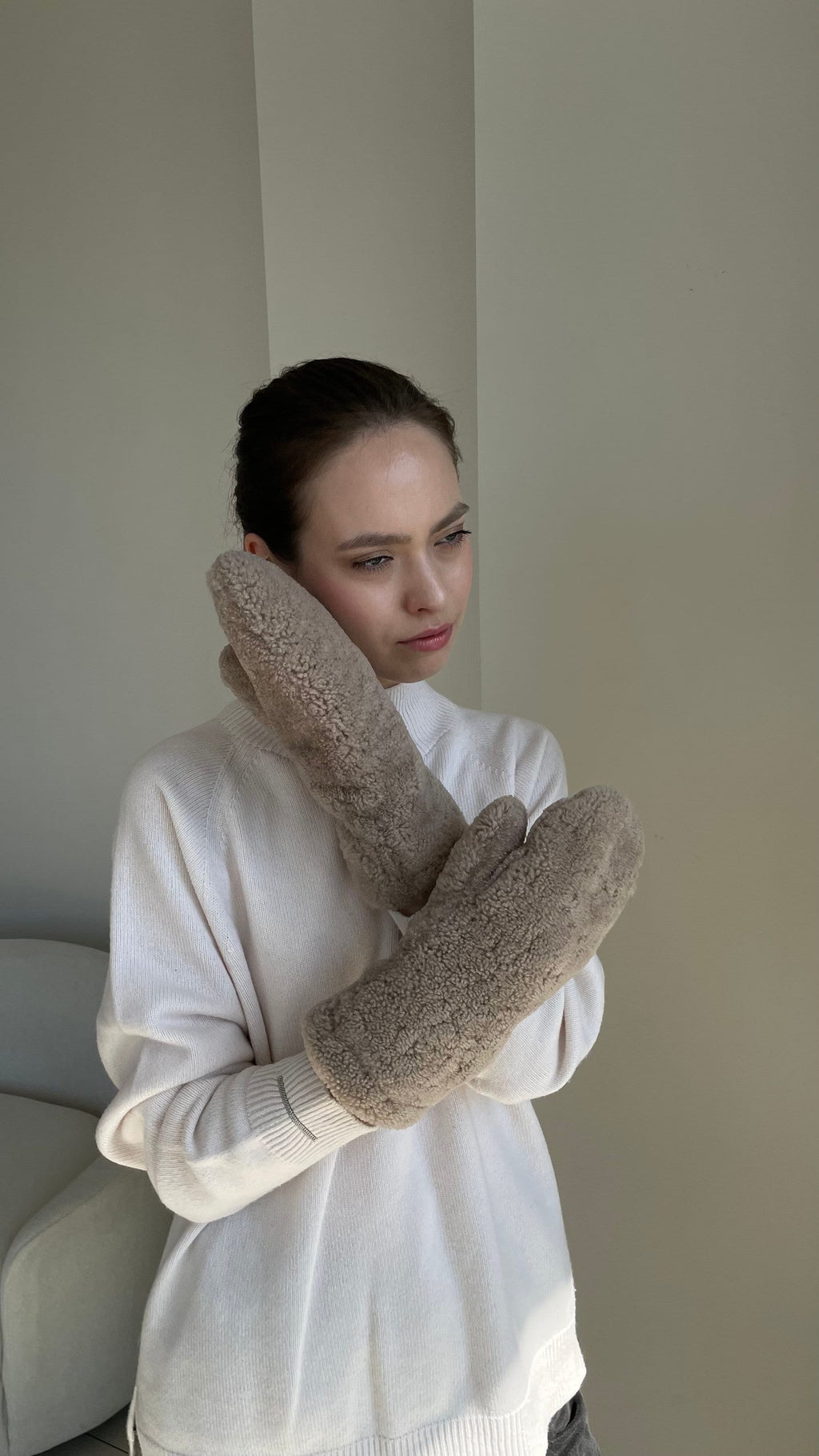 Genuine Shearling Mittens — Dark Beige