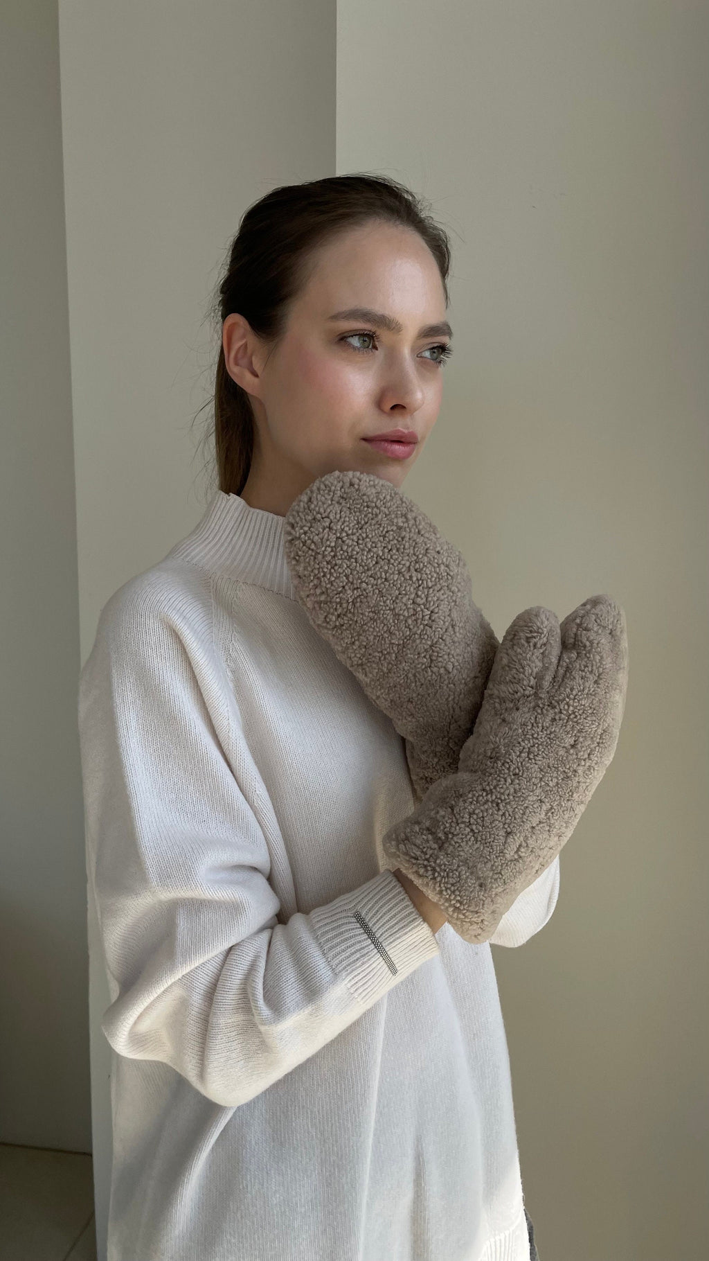 Genuine Shearling Mittens — Dark Beige