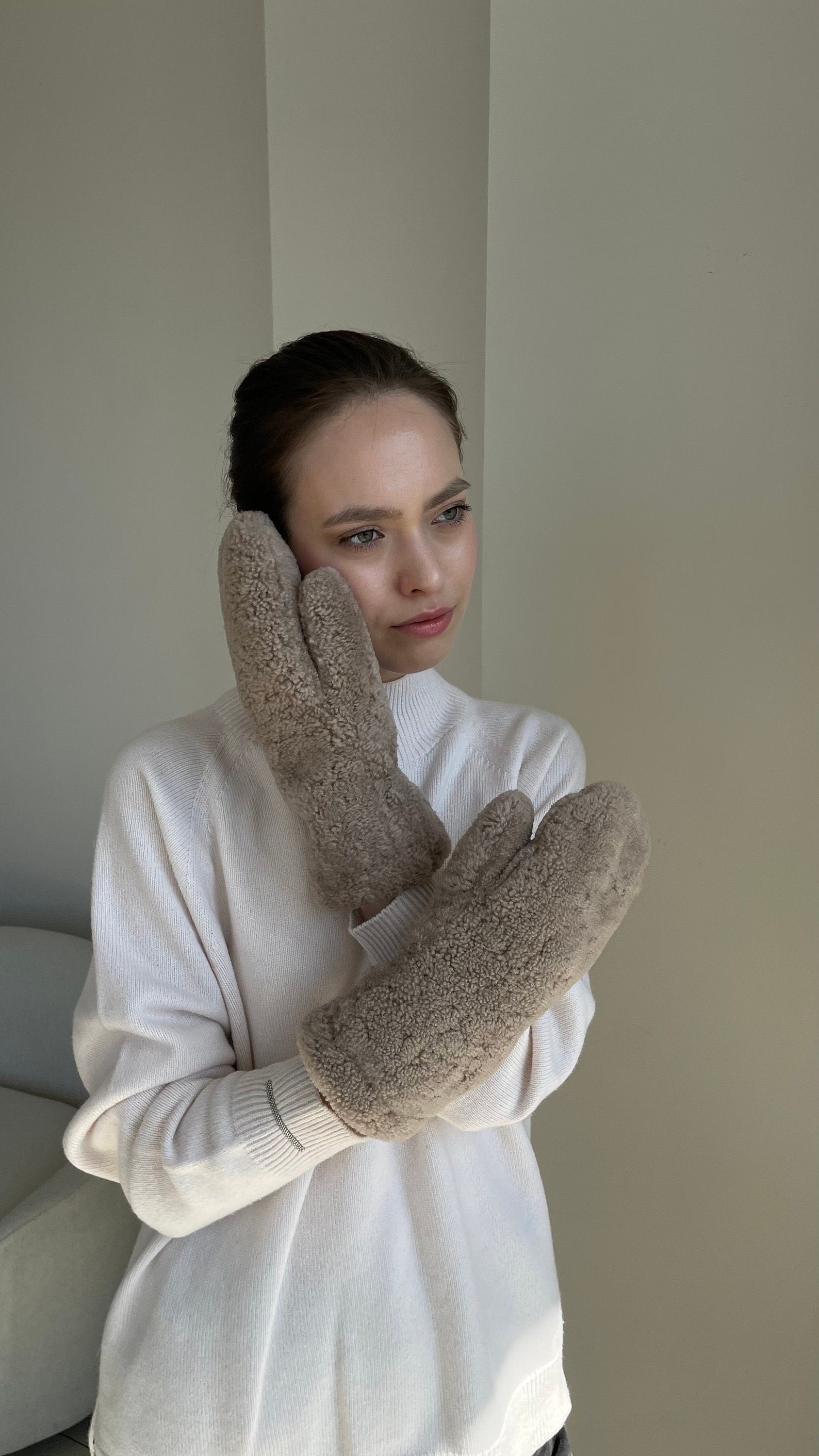 Genuine Shearling Mittens — Dark Beige