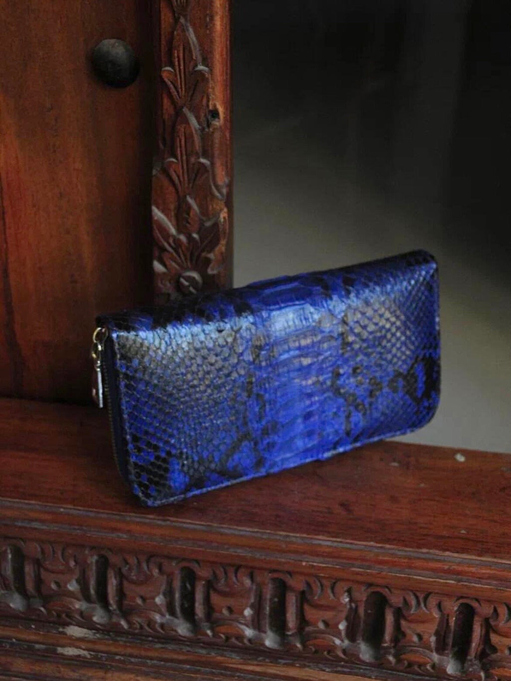 Genuine Python Skin Wallet — Electric Blue with Pattern