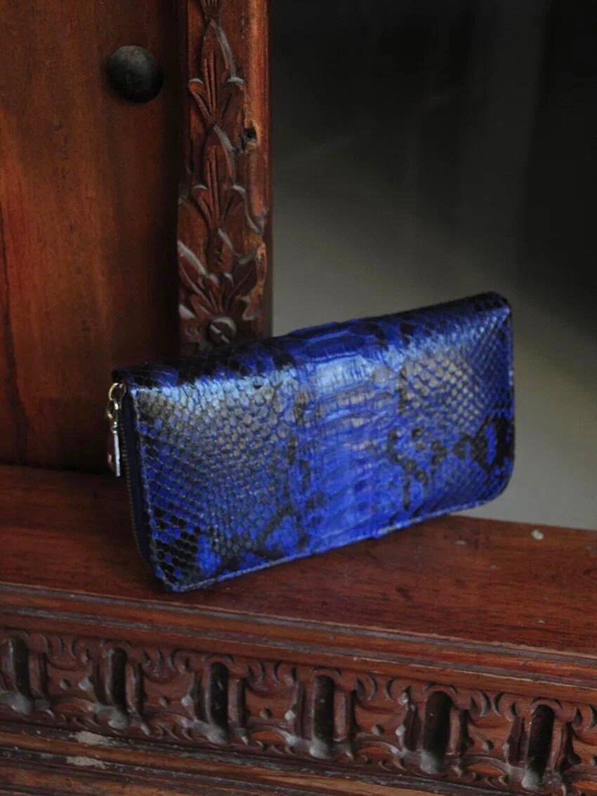 Genuine Python Skin Wallet — Electric Blue with Pattern