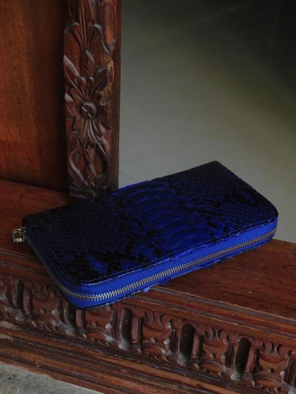 Genuine Python Skin Wallet — Electric Blue with Pattern
