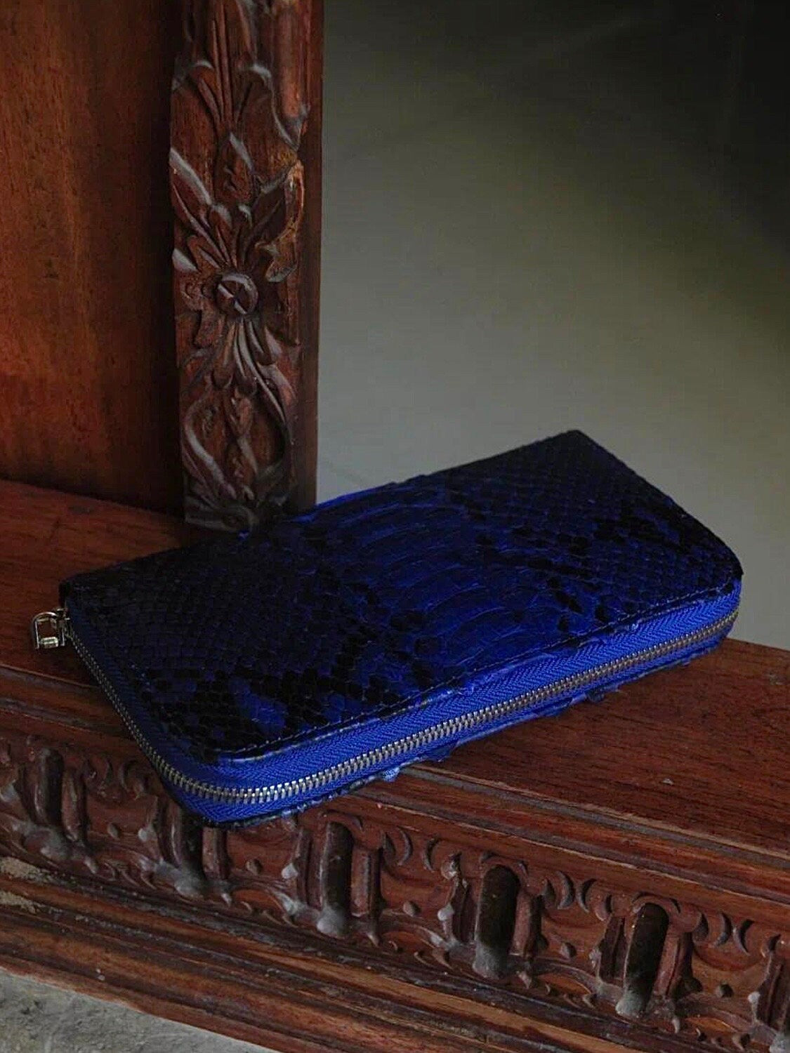 Genuine Python Skin Wallet — Electric Blue with Pattern