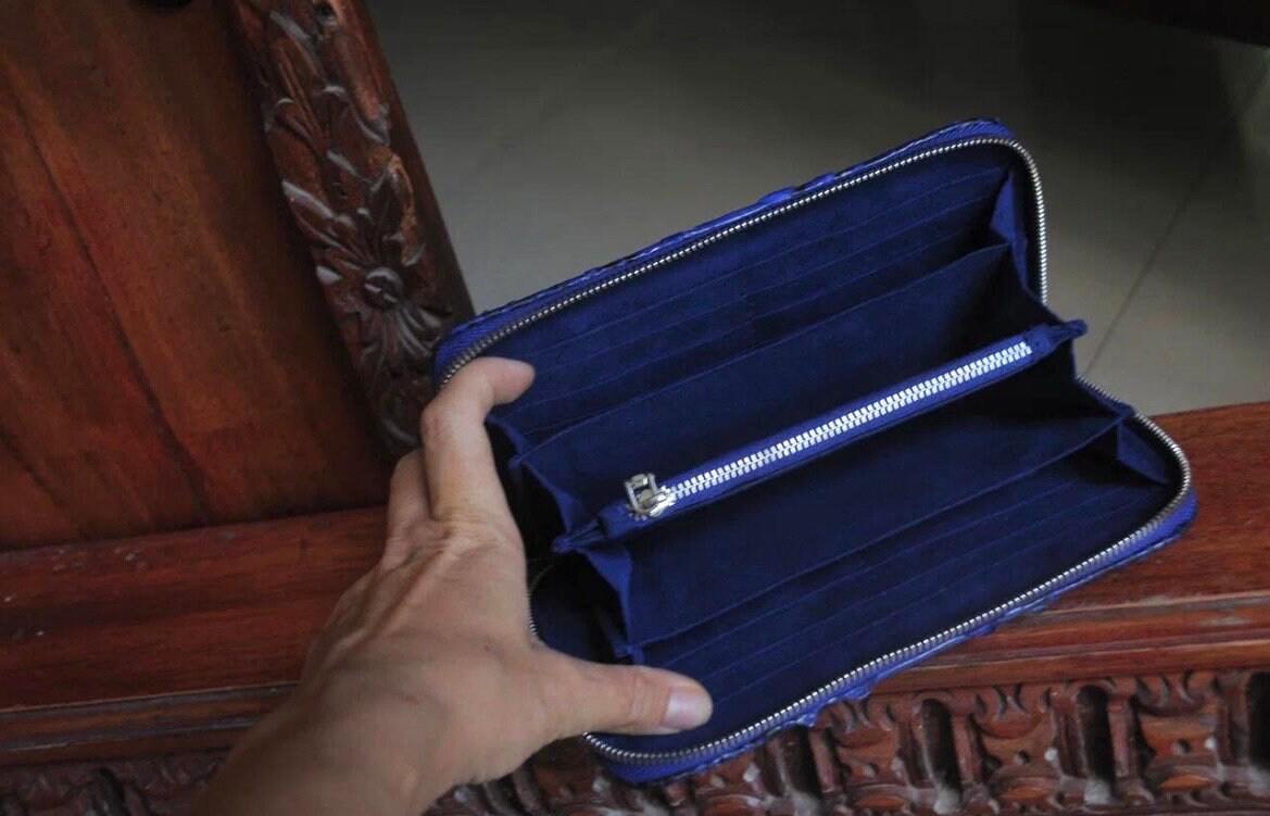 Genuine Python Skin Wallet — Electric Blue with Pattern