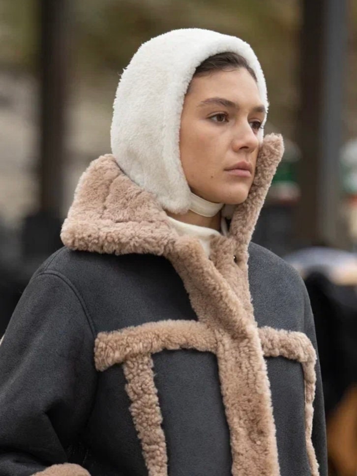 Genuine Shearling Fur Bonnet — Cream White