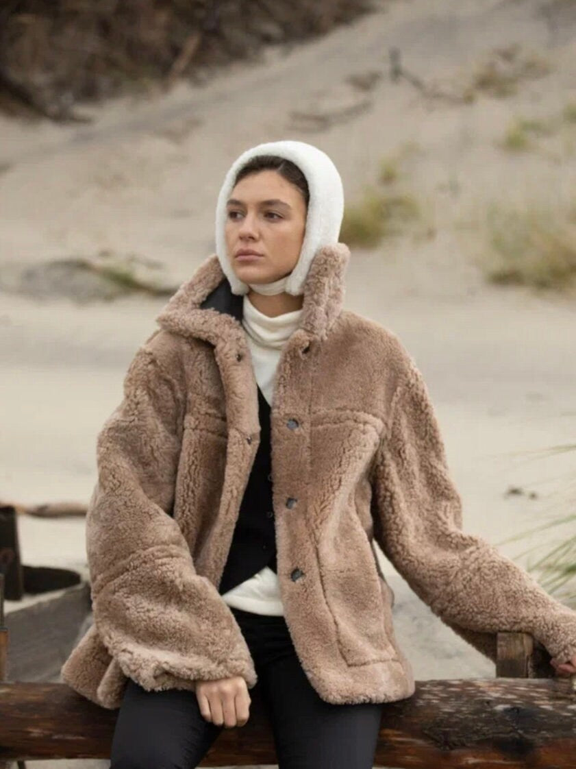 Genuine Shearling Fur Bonnet — Cream White
