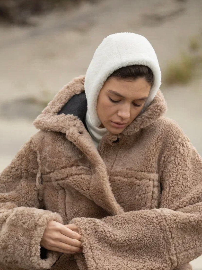 Genuine Shearling Fur Bonnet — Cream White