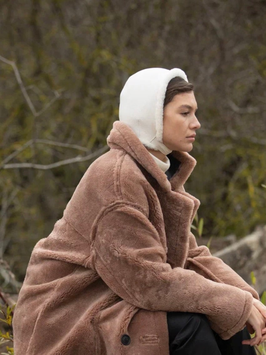Genuine Shearling Fur Bonnet — Cream White