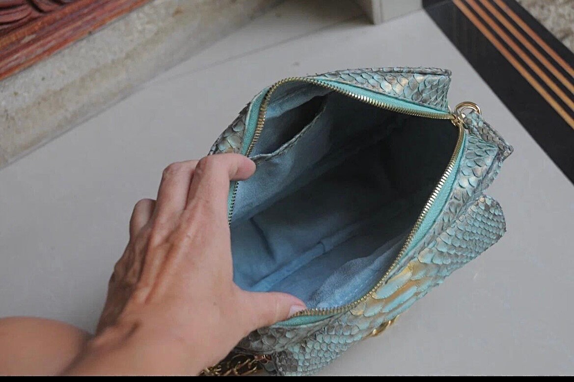 Genuine Python Skin Sport Crossbody Bag — Blue