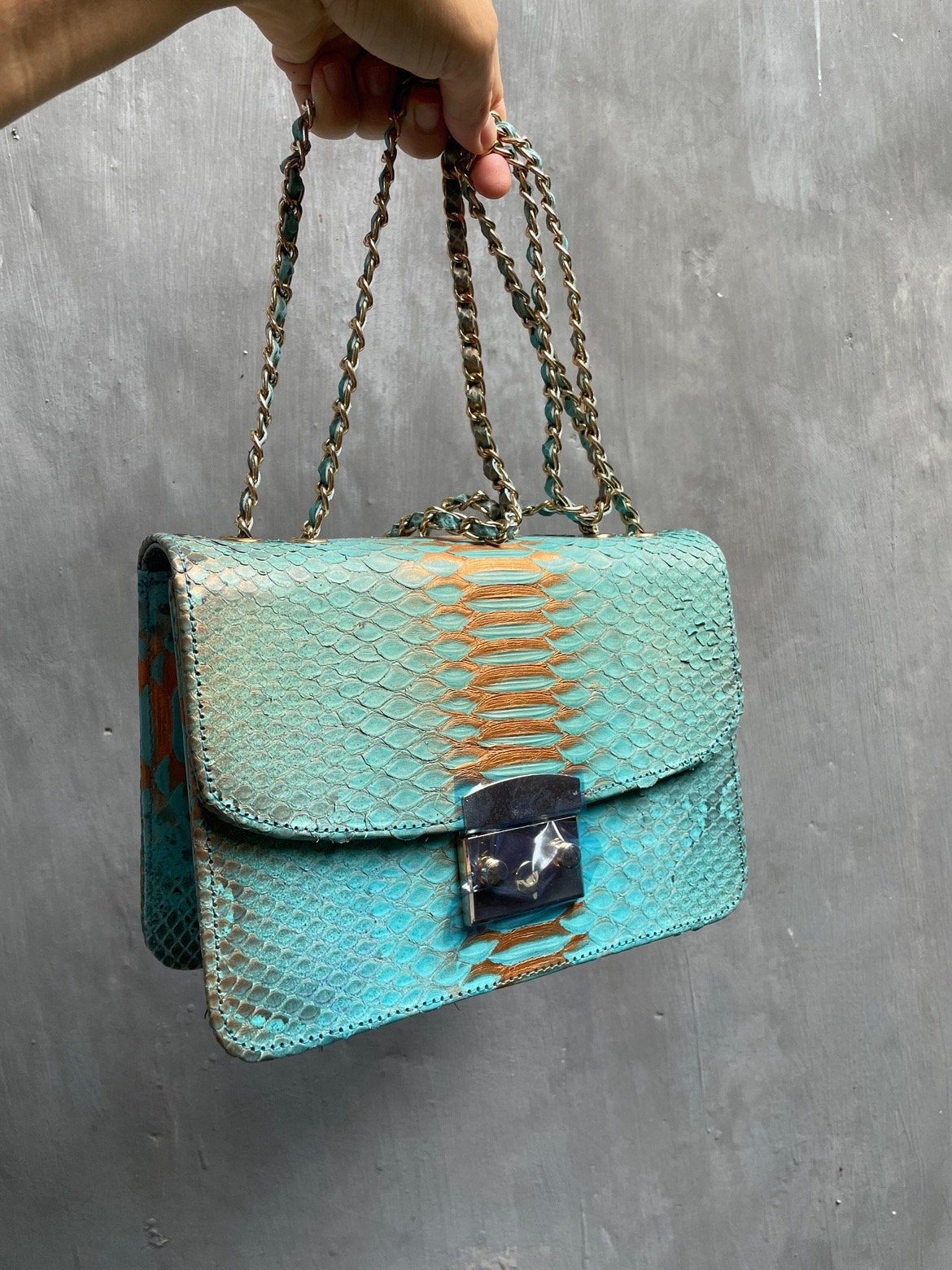 Genuine Python Skin Crossbody Bag — Blue