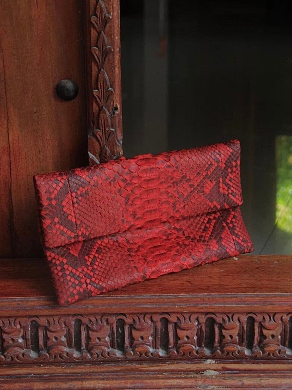 Genuine Python Skin Envelope Clutch — Red