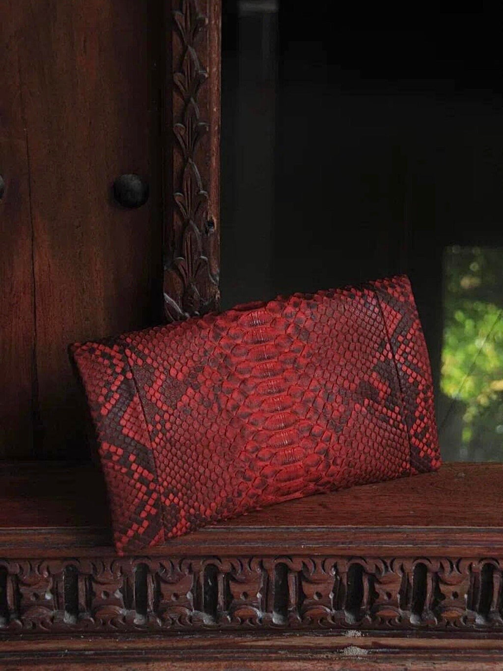 Genuine Python Skin Envelope Clutch — Red