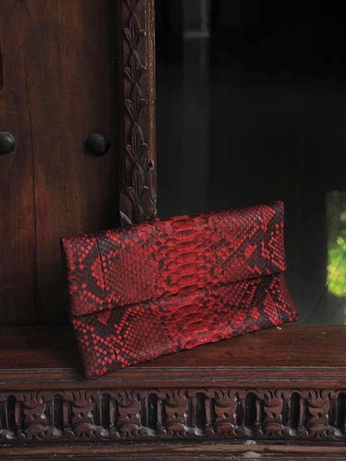 Genuine Python Skin Envelope Clutch — Red