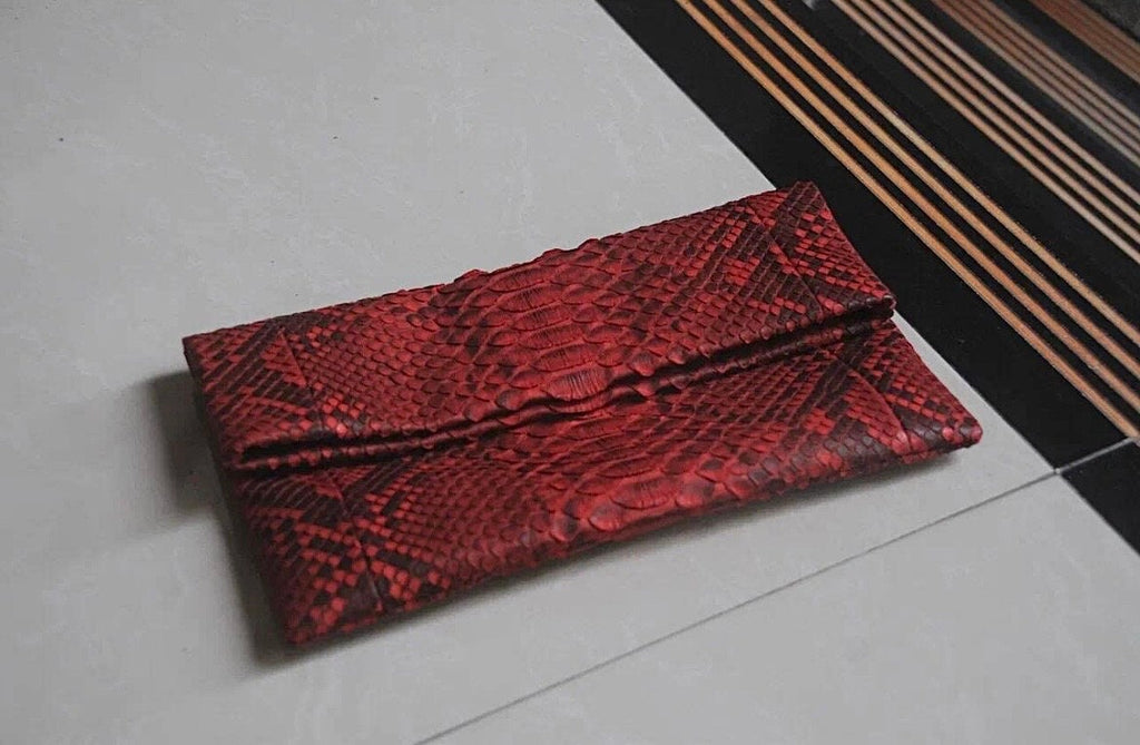 Genuine Python Skin Envelope Clutch — Red