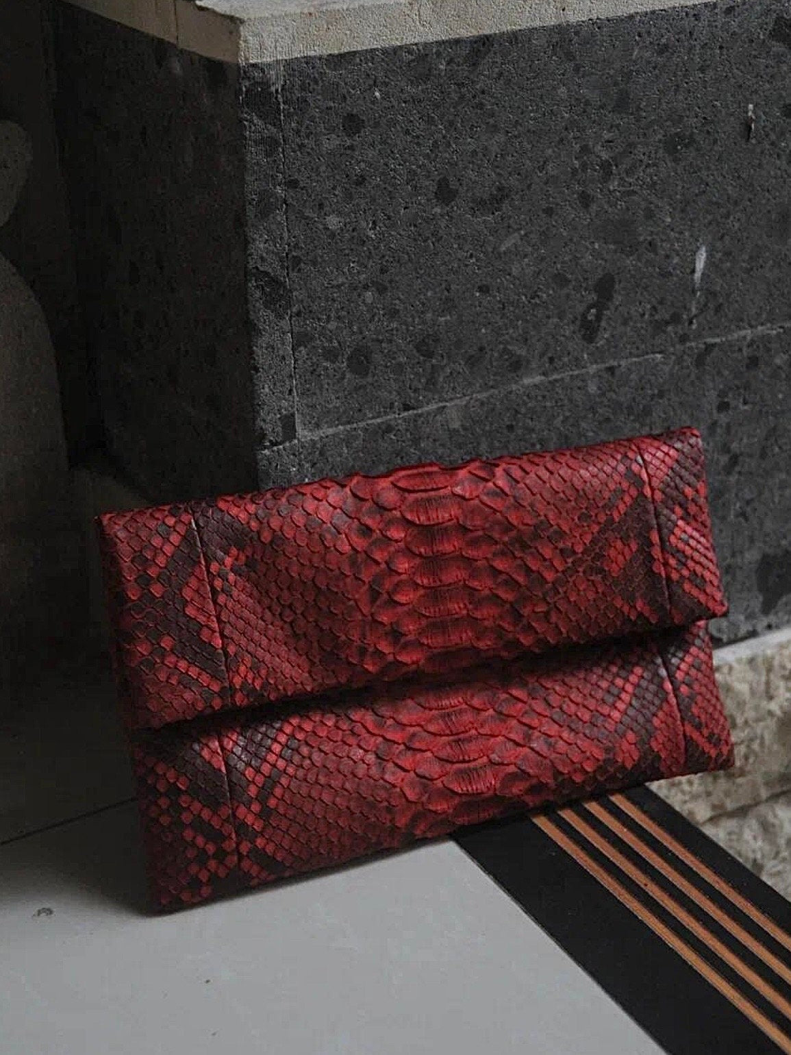 Genuine Python Skin Envelope Clutch — Red