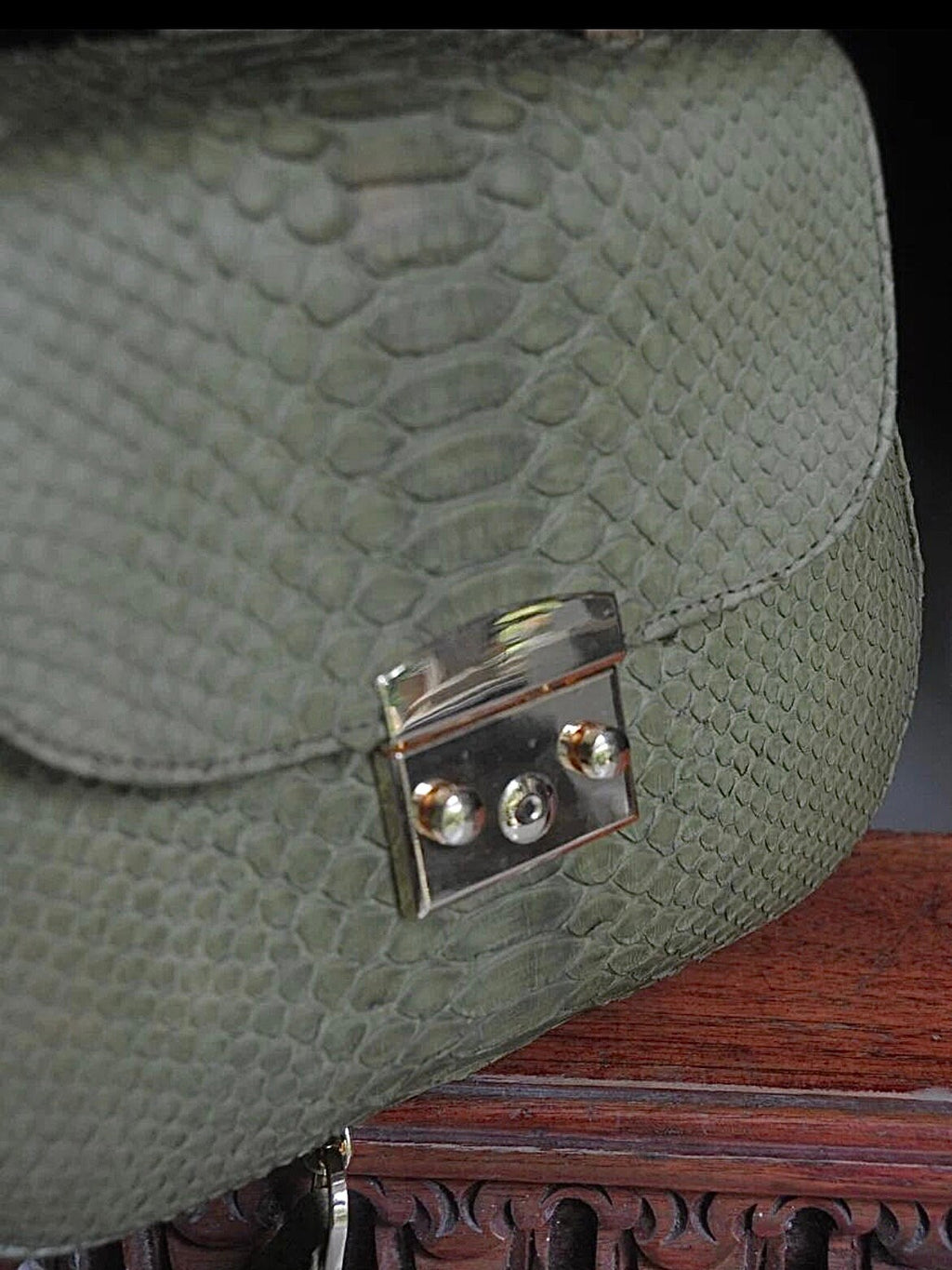 Genuine Python Skin Top Handle Bag — Khaki